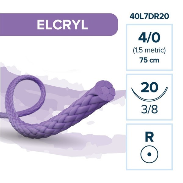 Лактисорб ELCRYL — рассасывающаяся нить, 3/8, колющая игла 20 мм, толщина 4/0(1,5), 75 см 40L7DR20 - фото 503781