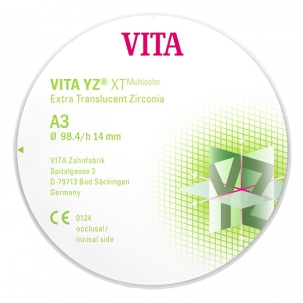 VITA YZ XT Multicolor - экстра транслюцентный диоксид циркония, в цветах естественных зубов, цвет A3, 98,4х14 мм EDMYX6981438 - фото 516220